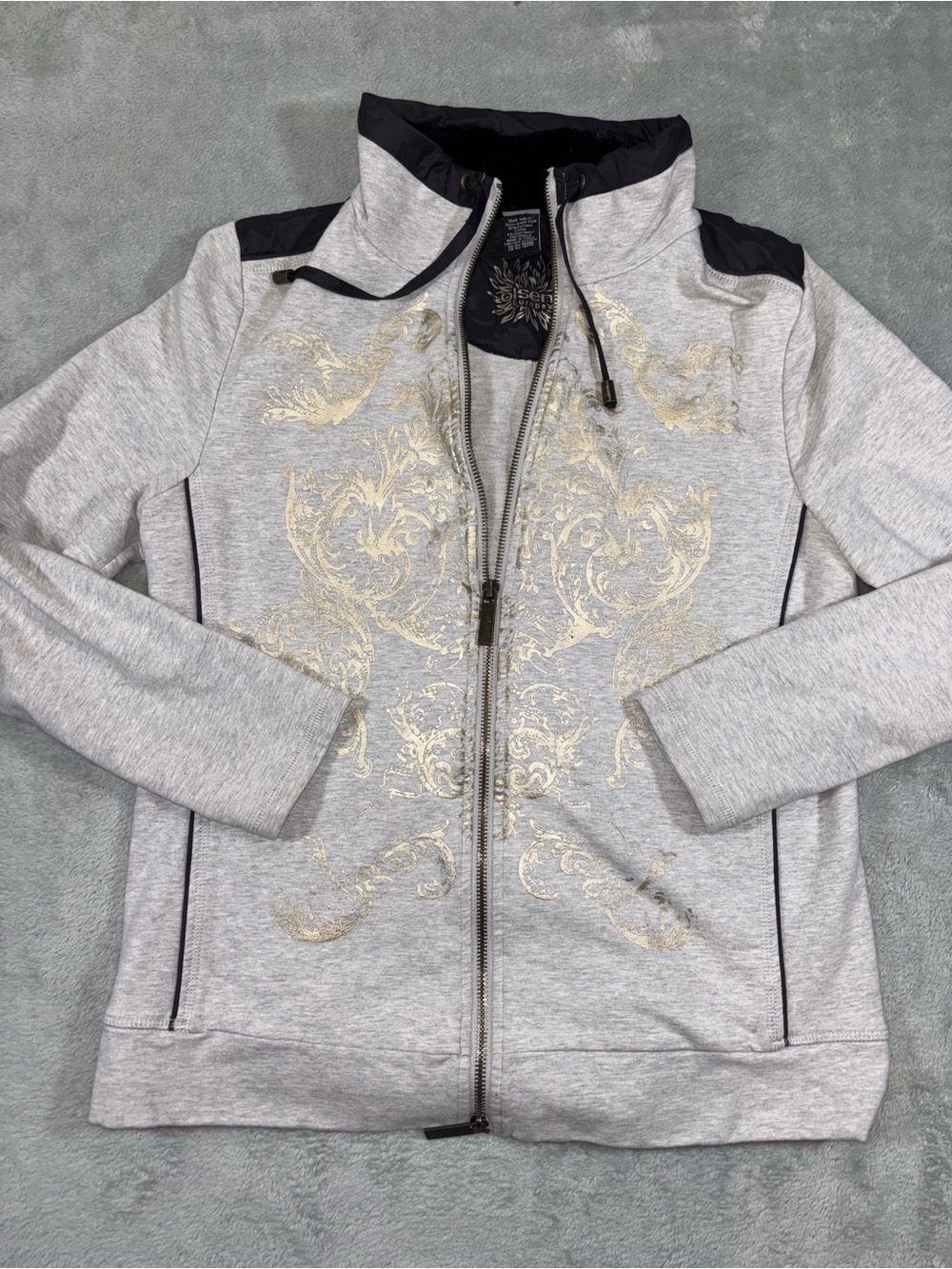 Olsen Europe Gray Ornate Gold Embroidered Full Zip Jacket - Size Medium